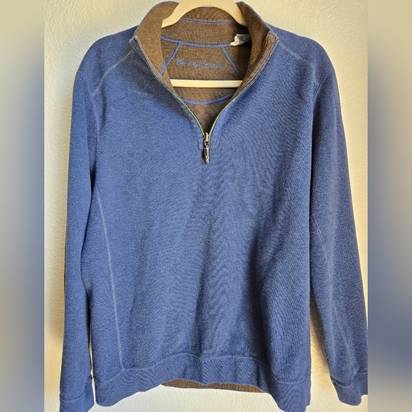 Tommy Bahama Mens M Sweater quarter Zip Reversible Blue Brown - Picture 1 of 7